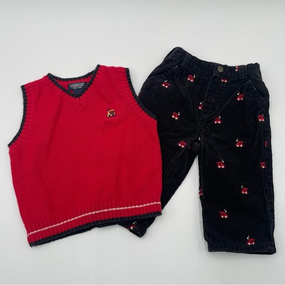 Vtg Oshkosh Toddler Boys Size 12 mos Black Corduroy Train Pants w/Sweater Vest